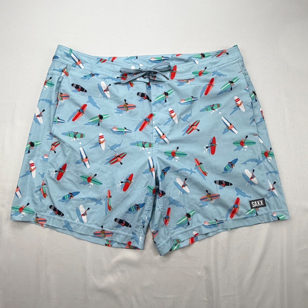 Saxx Betawave 2N1 Board Shorts Mens 38 Blue Kayak Shark Print Swim Trunks